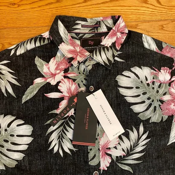 Denim & Flower Mens Poplin Hawaiian Flower Floral Button Up Short Sleeve M New - Picture 6 of 9
